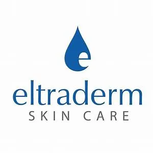 A blue and white logo of eltraderm skin care